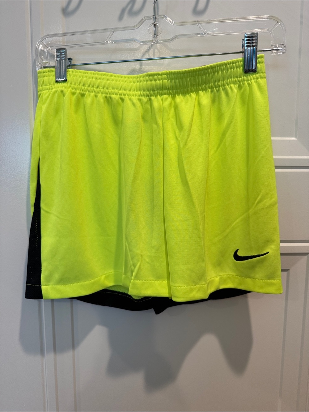 Nike Women's Neon Yellow Athletic Shorts with Black Swoosh